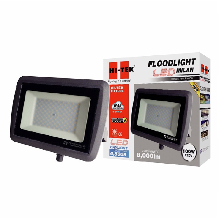 HI-TEK ฟลัดไลท์ LED มิลาน IP65 10W 220V WW HFOLFE10WG สีเทาดำ แสงเหลือง