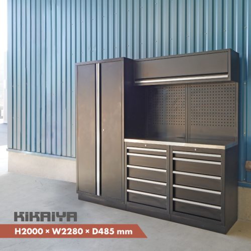 ชุดตู้โรงรถ H2000×W2280×ล485มม. โต๊ะทำงานสแตนเลสแผ่นปิดด้านบนล็อกเกอร์ KIKAIYA
