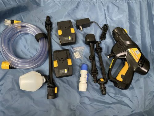 เครื่องฉีดน้ำแรงดันสูง 40V ไร้สายชาร์จใหม่ได้เครื่องฉีดน้ำแรงดันสูงแรงดันสูงสุดที่อนุญาต 5.9MPa/แรงดันปกติ 3.5MPa พร้อมแบตเตอรี่กันน้ำแบบชาร์จได้ 2 ก้อนสเปรย์ทรงพลังหัวฉีด 6 ประเภท