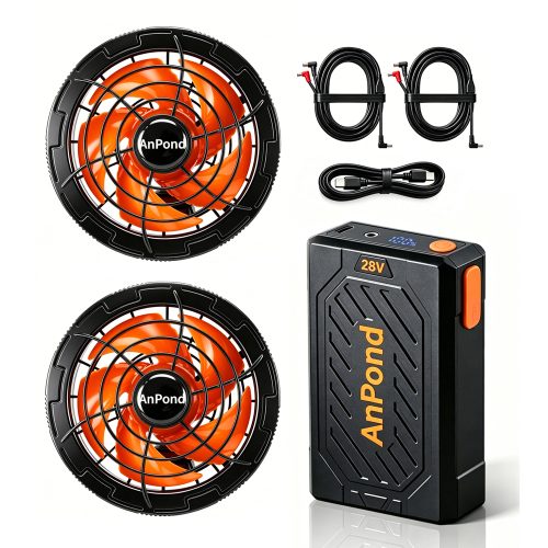 ยี่ห้อใหม่ 2026 (28V เอาต์พุตสูงพิเศษ 26000mAh ความจุขนาดใหญ่เครื่องปรับอากาศเสื้อผ้าทำงานพัดลมชุดแบตเตอรี่) PD30W 5 ระดับการปรับการไหลของอากาศเส้นผ่านศูนย์กลางรู 9 ซม. เหมาะสำหรับเสื้อผ้าทำงานทั้งหมด -D