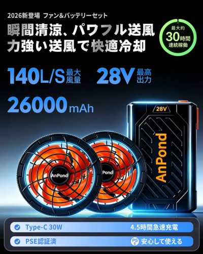 2026 รุ่นใหม่ (ความจุขนาดใหญ่ 26000mAh 28V เครื่องปรับอากาศชุดทำงานพัดลมแบตเตอรี่) PD30W ปรับระดับเสียงลม 5 ระดับเส้นผ่านศูนย์กลางรูรู 9 ซม. เหมาะสำหรับชุดทำงานทั้งหมด - CCC